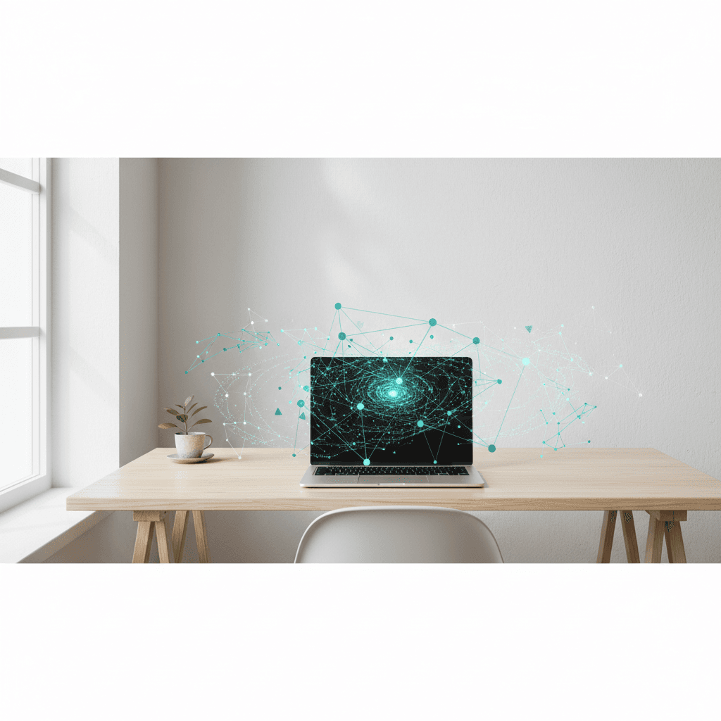 Moderni tekoälytyöpöytä — kannettava tietokone Skandinaavisessa työympäristössä