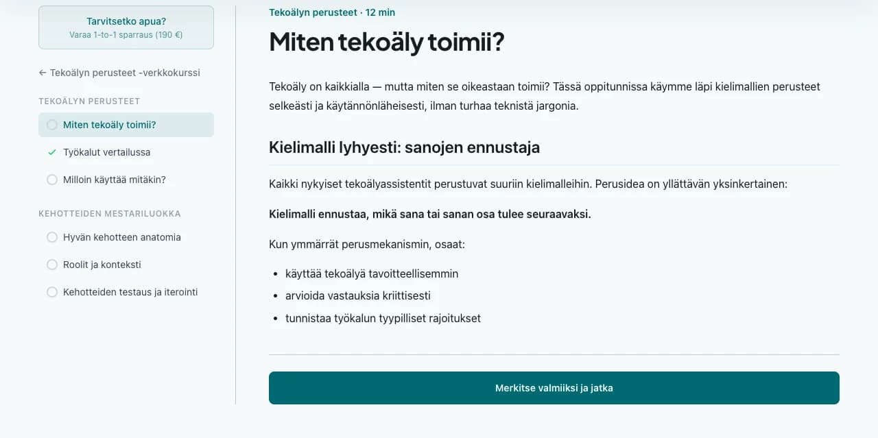 Tekoälykurssin oppituntinäkymä, jossa näkyvät kurssirakenne ja oppitunnin eteneminen