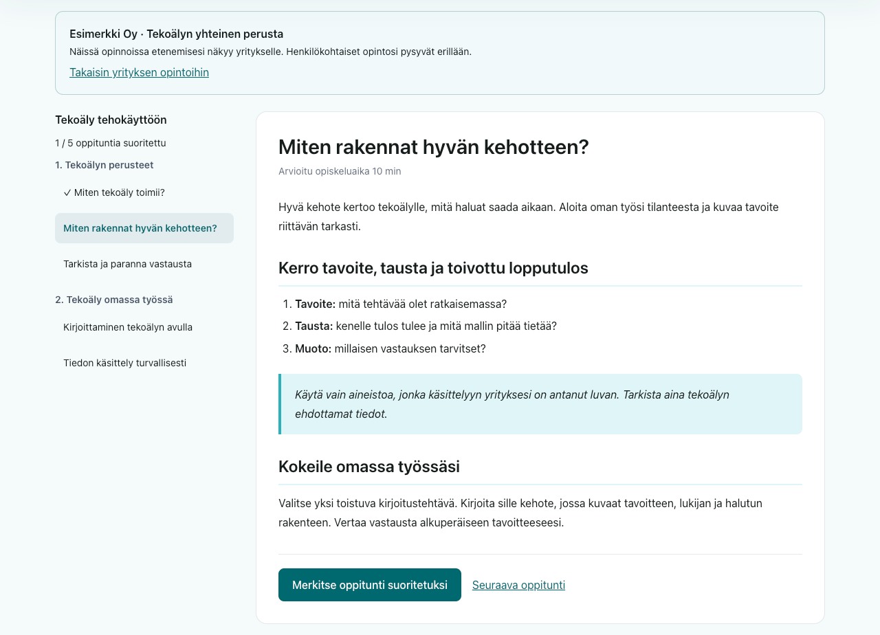Oppitunnin esittelykuva: kurssin sisällysluettelo, kehoteharjoitus ja suoritusmerkintä.
